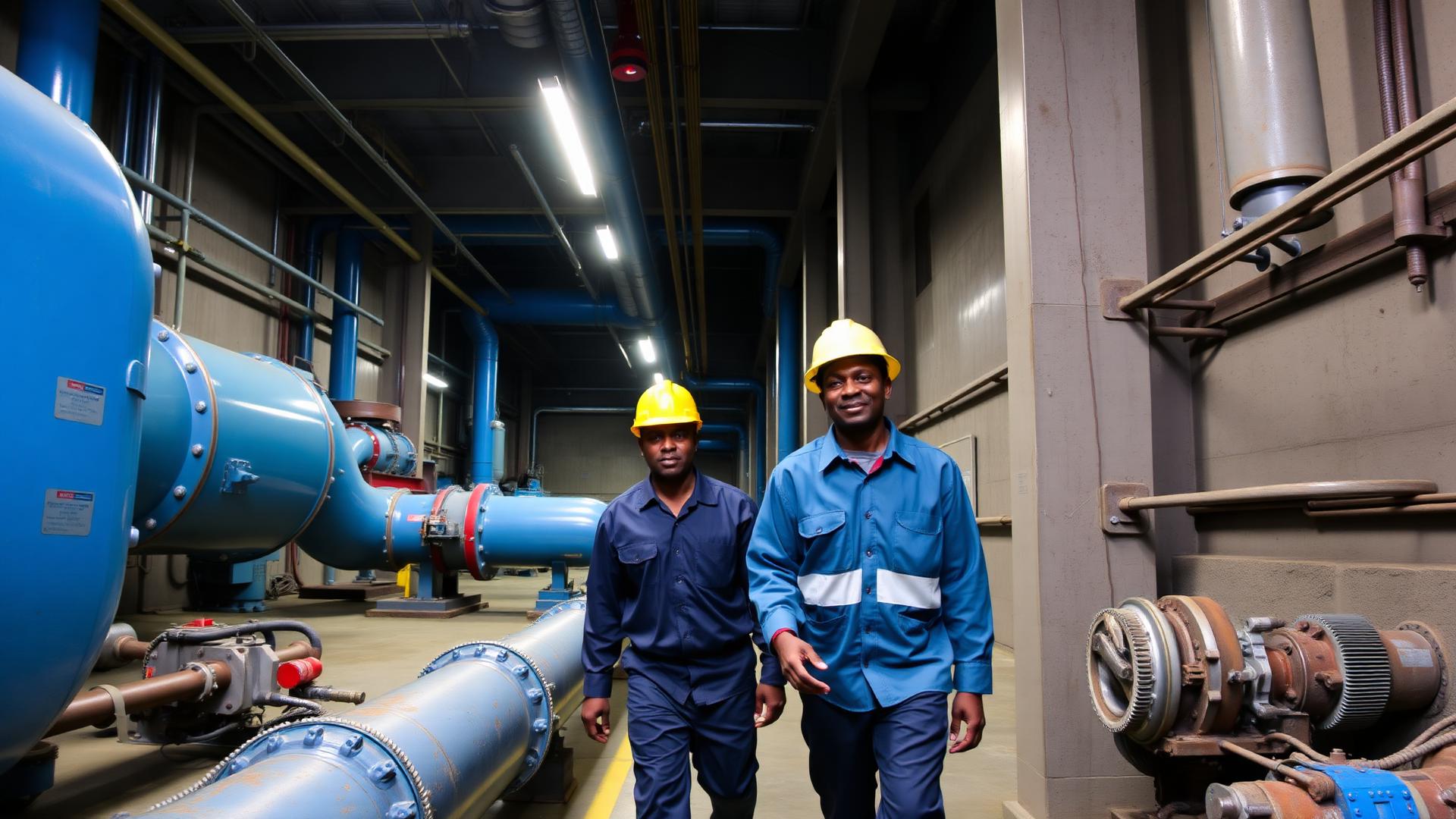 Sala de turbinas hidráulicas com técnicos